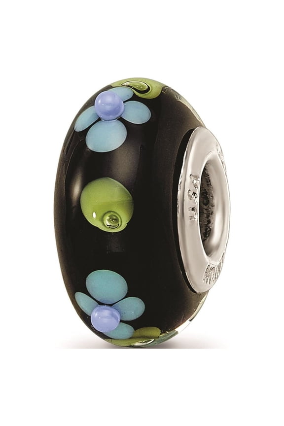 Sterling Silver Blk Hand Painted Blue Floral Fenton Glass Charm