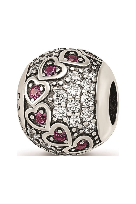 Sterling Silver CZ & Red Corundum Swirling Heart Round Charm