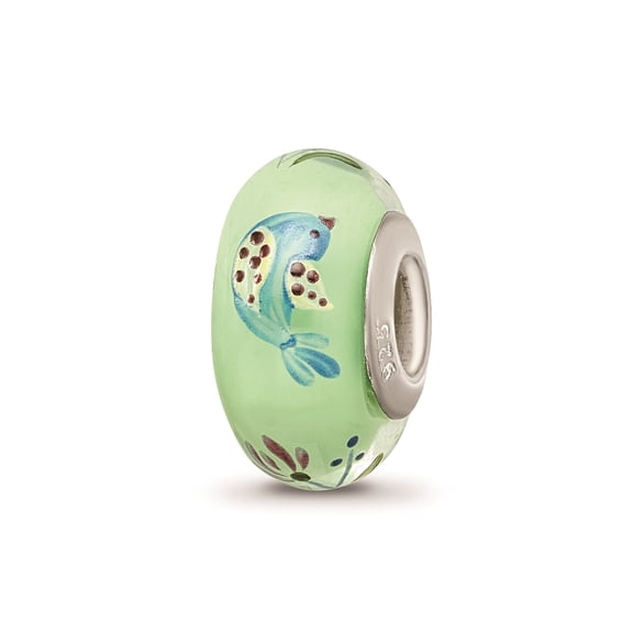 Reflection Beads Sterling Silver Green Hand Paint Calico Bird Fenton Glass Charm