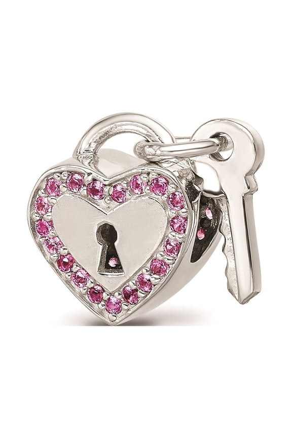 Sterling Silver Pink CZ Heart Key & Lock Charm
