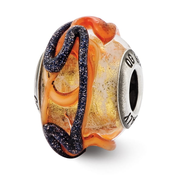 Reflection Beads Sterling Silver Reflections Italian Yellow Blue/Orange Lines Glass Bead