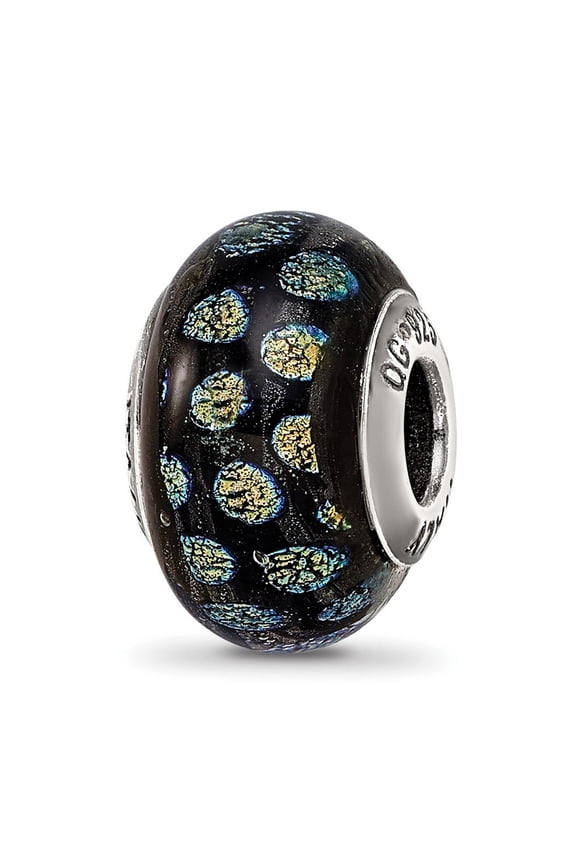 925 Sterling Silver Artisan Oxidized Italian Murano Glass Reflections Purple Dots Glass Bead Charm Pendant Necklace Meas