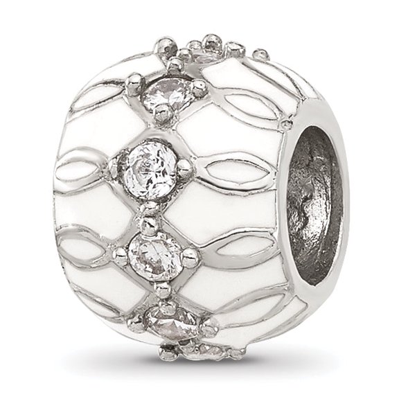 Reflection Beads Sterling Silver White Enamel and Cubic Zirconia Fancy Bead, 9.5mm