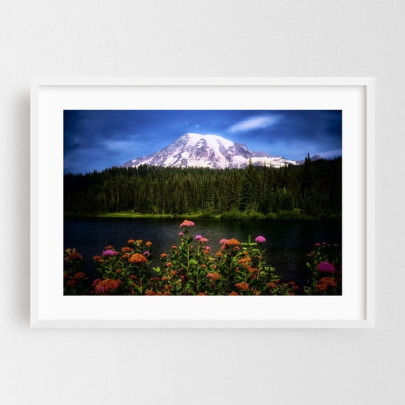 Reflection Lakes, Mt Rainier - Washington Photography Mountain Landscape Scenic Nature Lake Floral Wilderness White Framed Wall Art Print 5 x 7 inches