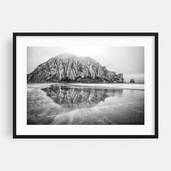 Reflection of Morro Rock - Morro Bay California Photography Black and White Seascape Coastal Beach Ocean Nature Minimalist Black Framed Wall Art Print 5 x 7 inches