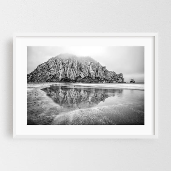 Reflection of Morro Rock - Morro Bay California Photography Black and White Seascape Coastal Beach Ocean Nature Minimalist White Framed Wall Art Print 5 x 7 inches