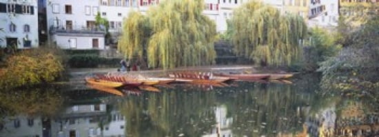 Reflection Of Buildings And Trees On Water Neckar River Tuebingen Baden-Wurttemberg Germany Canvas Art - Panoramic Images (36 x 13)