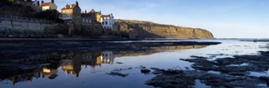 Reflection Of Buildings In Water Robin Hoods Bay North Yorkshire England United Kingdom Canvas Art - Panoramic Images (36 x 12)