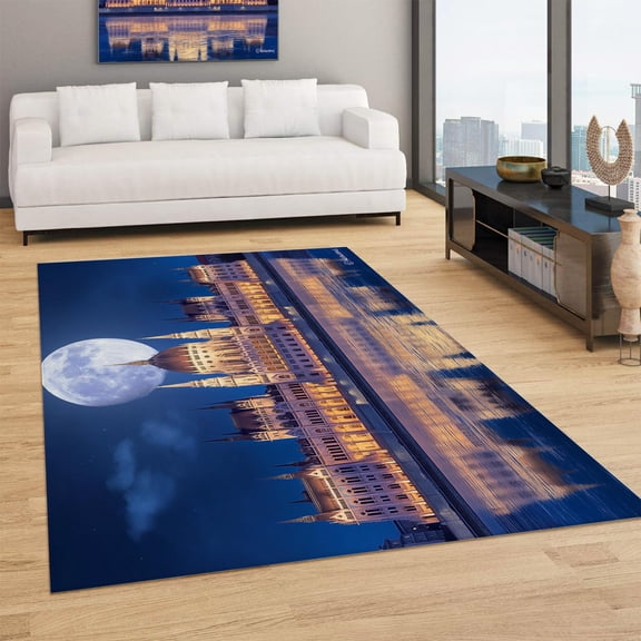 Reflection Of Buildings On The Sea Ultra Soft Floor Carpet, Luxury Fluffy Low Pile Area Rug Ideal For Living Room, Bedroom, Nursery, Kids Baby Room