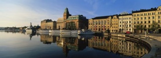 Reflection Of Buildings On Water Stockholm Sweden Canvas Art - Panoramic Images (36 x 13)