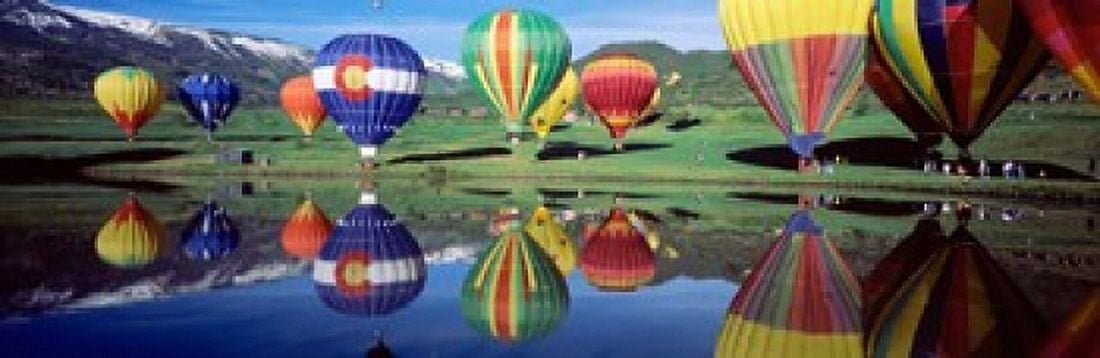 Reflection Of Hot Air Balloons On Water Colorado USA Canvas Art - Panoramic Images (18 x 6)