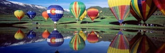 Reflection Of Hot Air Balloons On Water Colorado USA Canvas Art - Panoramic Images (36 x 12)