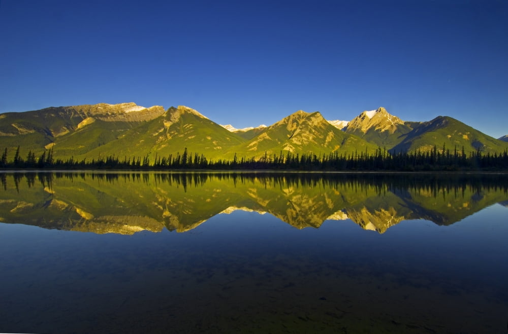Reflection Of Mountains On Lake Jasper National Park Alberta Canvas Art - Mike Grandmaison Design Pics (18 x 12)