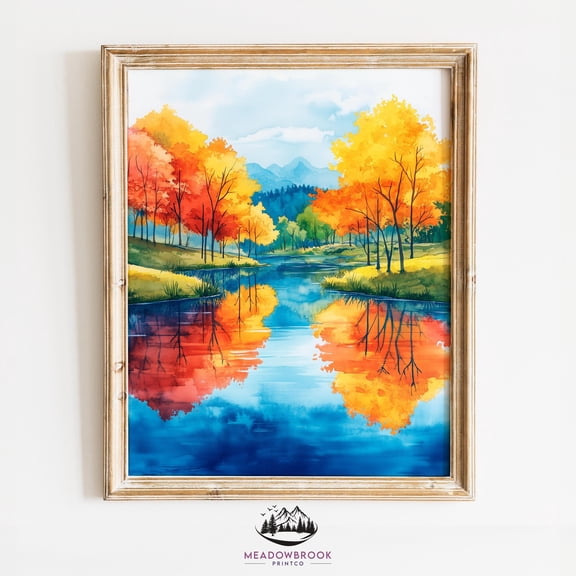 Reflection On The Riverbank - Colorful Spring Scene, Earthy Landscape Art, Cottagecore Decor, Wall Art 907 UNFRAMED Poster, Wall Art for Decor, Present, 24x36