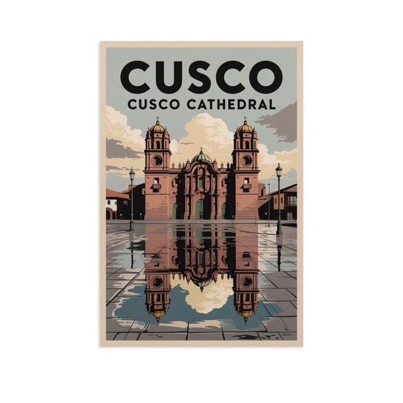 Reflection Wall Art Cusco Cathedral Peru Retro Travel Poster Rainy Day Colonial Square Canvas Poster