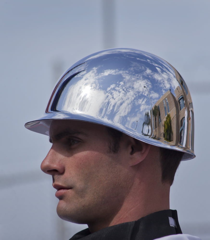 Reflection in a color guardsmans chrome-plated helmet Canvas Art - Michael WoodStocktrek Images (14 x 15)