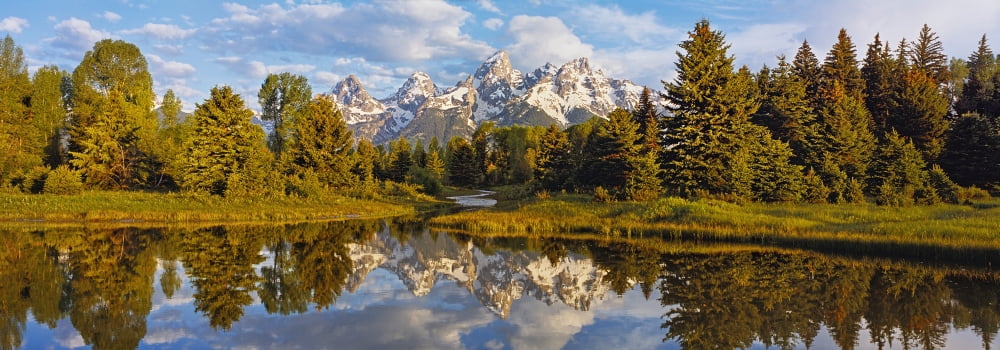 Reflection of mountains on water Schwabachers Landing Snake River Grand Teton Grand Teton National Park Wyoming USA Canvas Art - Panoramic Images (36 x 12)