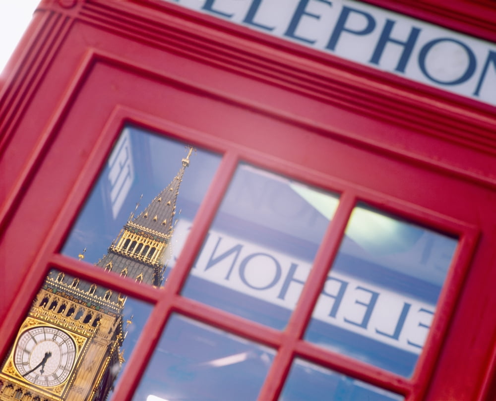 Reflection of a clock tower on the glass of a telephone booth Big Ben London England Canvas Art - Panoramic Images (28 x 22)