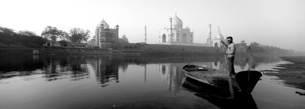 Reflection of a mausoleum in a river Taj Mahal Yamuna River Agra Uttar Pradesh India Canvas Art - Panoramic Images (7 x 18)
