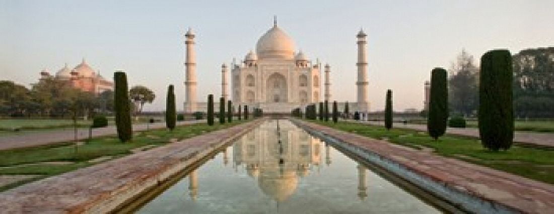 Reflection of a mausoleum in water Taj Mahal Agra Uttar Pradesh India Canvas Art - Panoramic Images (30 x 12)