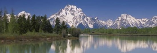 Reflection of a mountain range in water Oxbow Bend Grand Teton National Park Wyoming USA Canvas Art - Panoramic Images (36 x 12)