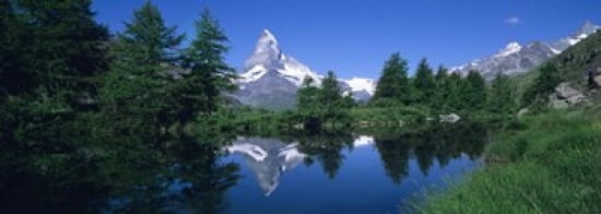 Reflection of a snow covered mountain near a lake Grindjisee Matterhorn Zermatt Switzerland Canvas Art - Panoramic Images (36 x 13)