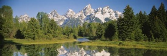 Reflection of a snowcapped mountain in water Near Schwabachers Landing Grand Teton National Park Wyoming USA Canvas Art - Panoramic Images (36 x 12)