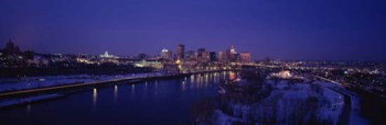 Reflection of buildings in a river at night Mississippi River Minneapolis and St Paul Minnesota USA Canvas Art - Panoramic Images (18 x 6)