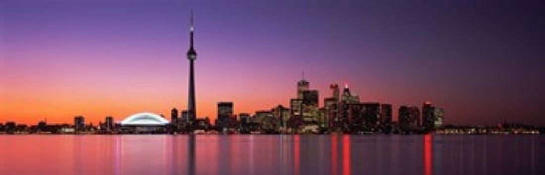 Reflection of buildings in water CN Tower Toronto Ontario Canada Canvas Art - Panoramic Images (18 x 6)