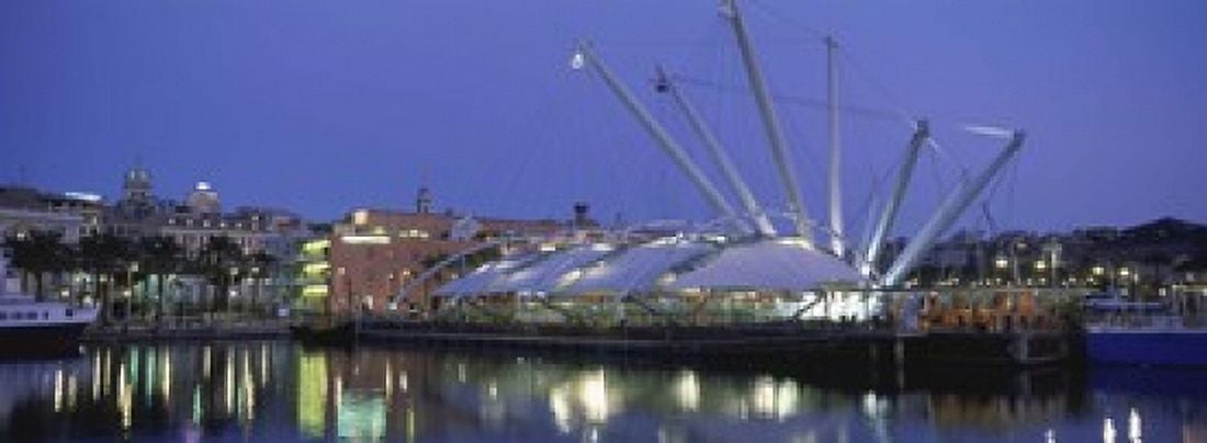 Reflection of buildings in water The Bigo Porto Antico Genoa Italy Canvas Art - Panoramic Images (18 x 7)
