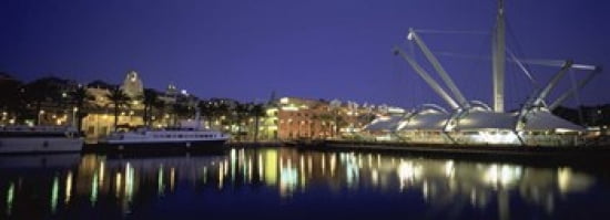 Reflection of buildings in water The Bigo Porto Antico Genoa Italy Canvas Art - Panoramic Images (36 x 13)