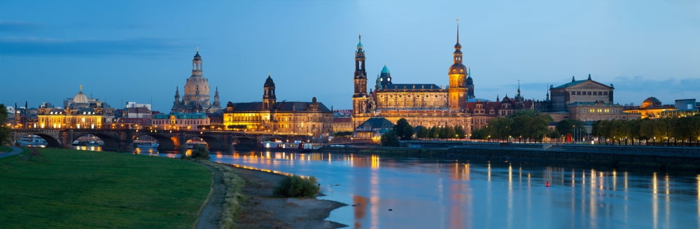 Reflection of buildings on water Dresden Frauenkirche River Elbe Dresden Saxony Germany Canvas Art - Panoramic Images (36 x 12)