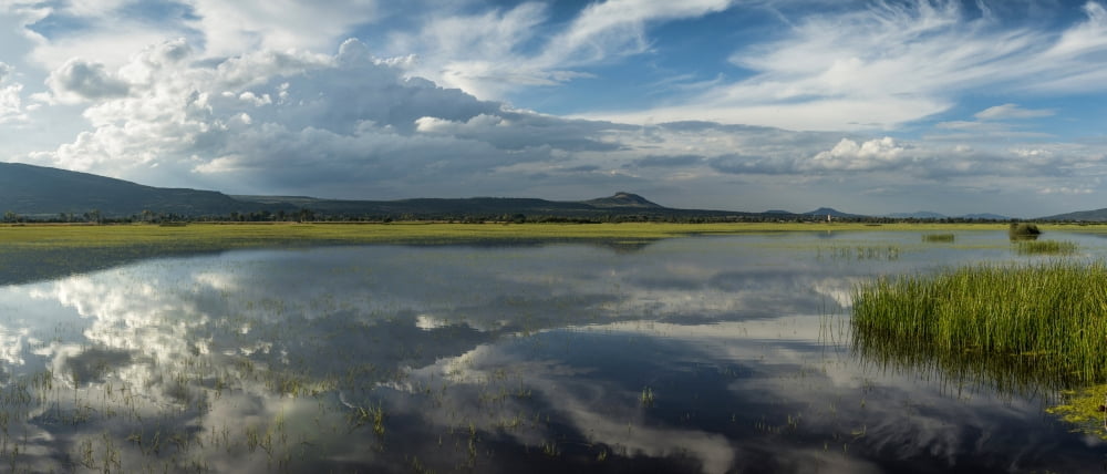 Reflection of clouds in a lake Lake Cuitzeo Michoacan State Mexico Canvas Art - Panoramic Images (27 x 9)