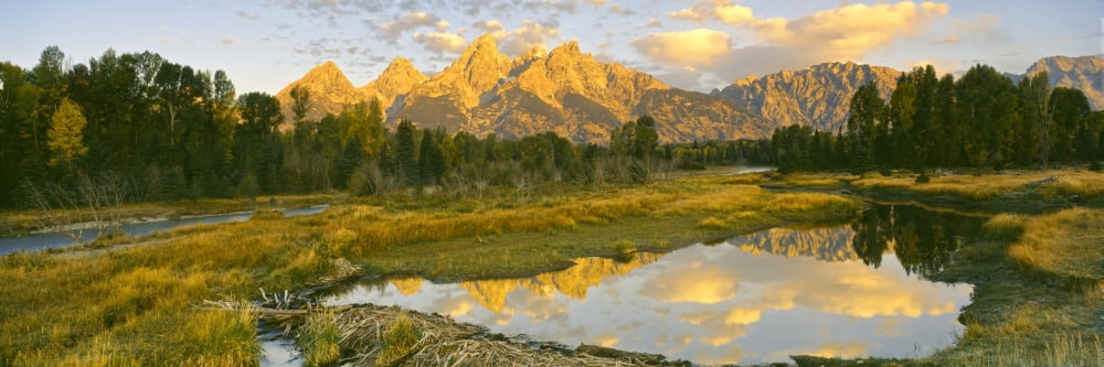 Reflection of clouds on water Beaver Pond Teton Range Grand Teton National Park Wyoming USA Canvas Art - Panoramic Images (36 x 12)