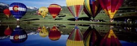 Reflection of hot air balloons in a lake Snowmass Village Pitkin County Colorado USA Canvas Art - Panoramic Images (36 x 12)