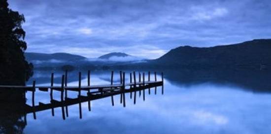 Reflection of jetty in a lake Derwent Water Keswick English Lake District Cumbria England Canvas Art - Panoramic Images (24 x 12)