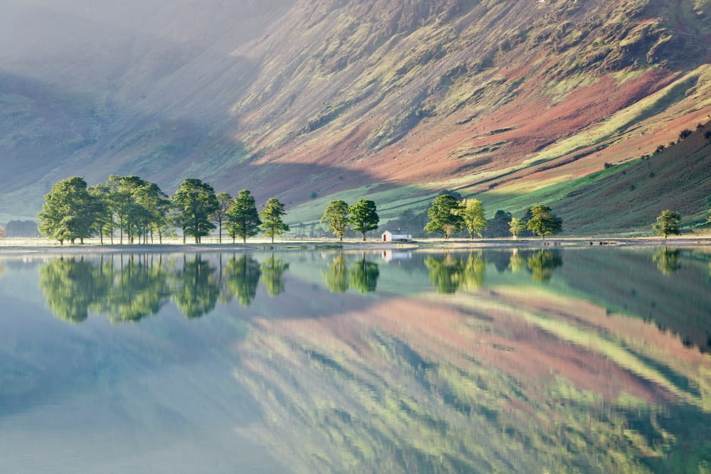 Reflection of mountain in a lake Buttermere Lake English Lake District Cumbria England Canvas Art - Panoramic Images (36 x 12)