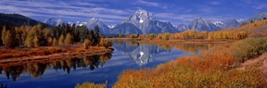 Reflection of mountains in the river Mt Moran Oxbow Bend Snake River Grand Teton National Park Wyoming USA Canvas Art - Panoramic Images (36 x 12)