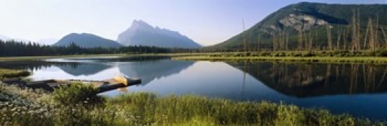 Reflection of mountains in water Vermillion Lakes Banff National Park Alberta Canada Canvas Art - Panoramic Images (36 x 12)