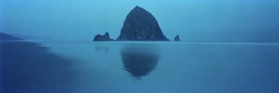 Reflection of rock in water Haystack Rock Cannon Beach Clatsop County Oregon USA Canvas Art - Panoramic Images (36 x 12)