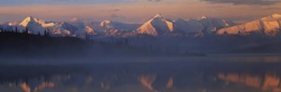 Reflection of snow covered mountain range in the lake Denali National Park Alaska USA Canvas Art - Panoramic Images (36 x 12)