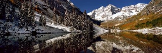 Reflection of snowy mountains in the lake Maroon Bells Elk Mountains Colorado USA Canvas Art - Panoramic Images (36 x 12)