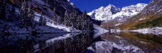 Reflection of snowy mountains in the lake Maroon Bells Elk Mountains Colorado USA Canvas Art - Panoramic Images (36 x 12)