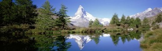 Reflection of trees and mountain in a lake Matterhorn Switzerland Canvas Art - Panoramic Images (36 x 12)