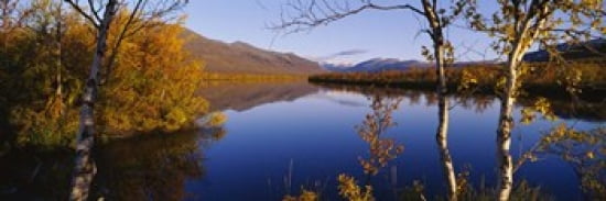 Reflection of trees and mountains in a river Vistas River Nikkaluokta Lapland Sweden Canvas Art - Panoramic Images (36 x 12)