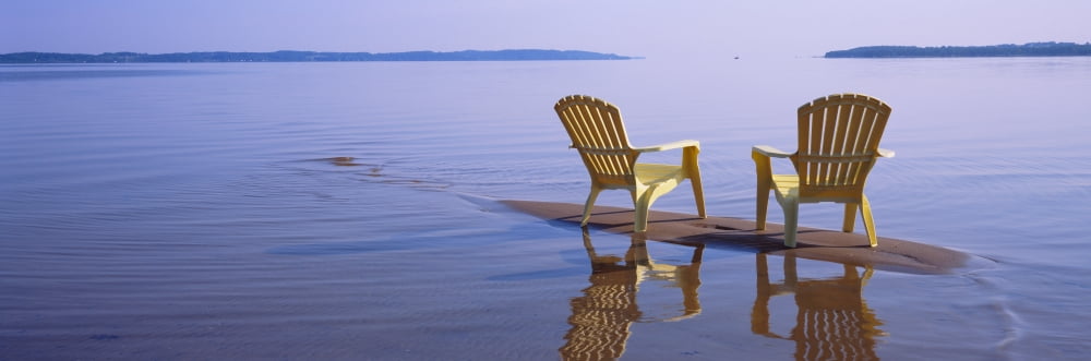 Reflection of two adirondack chairs in a lake Lake Michigan Michigan USA Canvas Art - Panoramic Images (36 x 12)