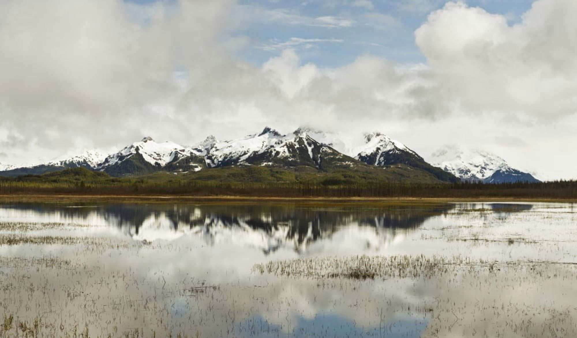 Reflection of snowcapped Chugach Mountains in Copper River Delta Chugach National Forest Southcentral Alaska Alaska USA Canvas Art - Panoramic Images (11 x 19)