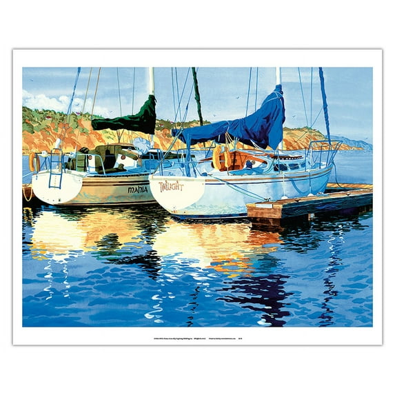 Reflections on the Gold Coast - Two Sailboats at Pier - La Jolla California - From an Original Watercolor Painting by Robin Wethe Altman - Fine Art Matte Paper Print (Unframed) 16x20in