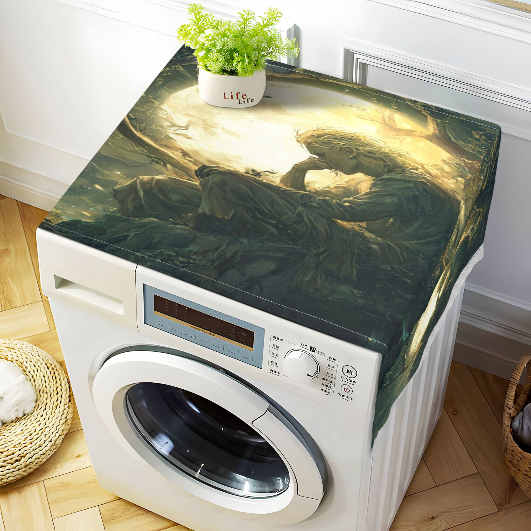 Reflections under The MoonWasher and Dryer Covers Dust-Proof and Oil Resistant Fridge Cover with 4 Storage Pockets Washing Machine Top Cover for Laundry Kitchen Home 51.2 x 22 In