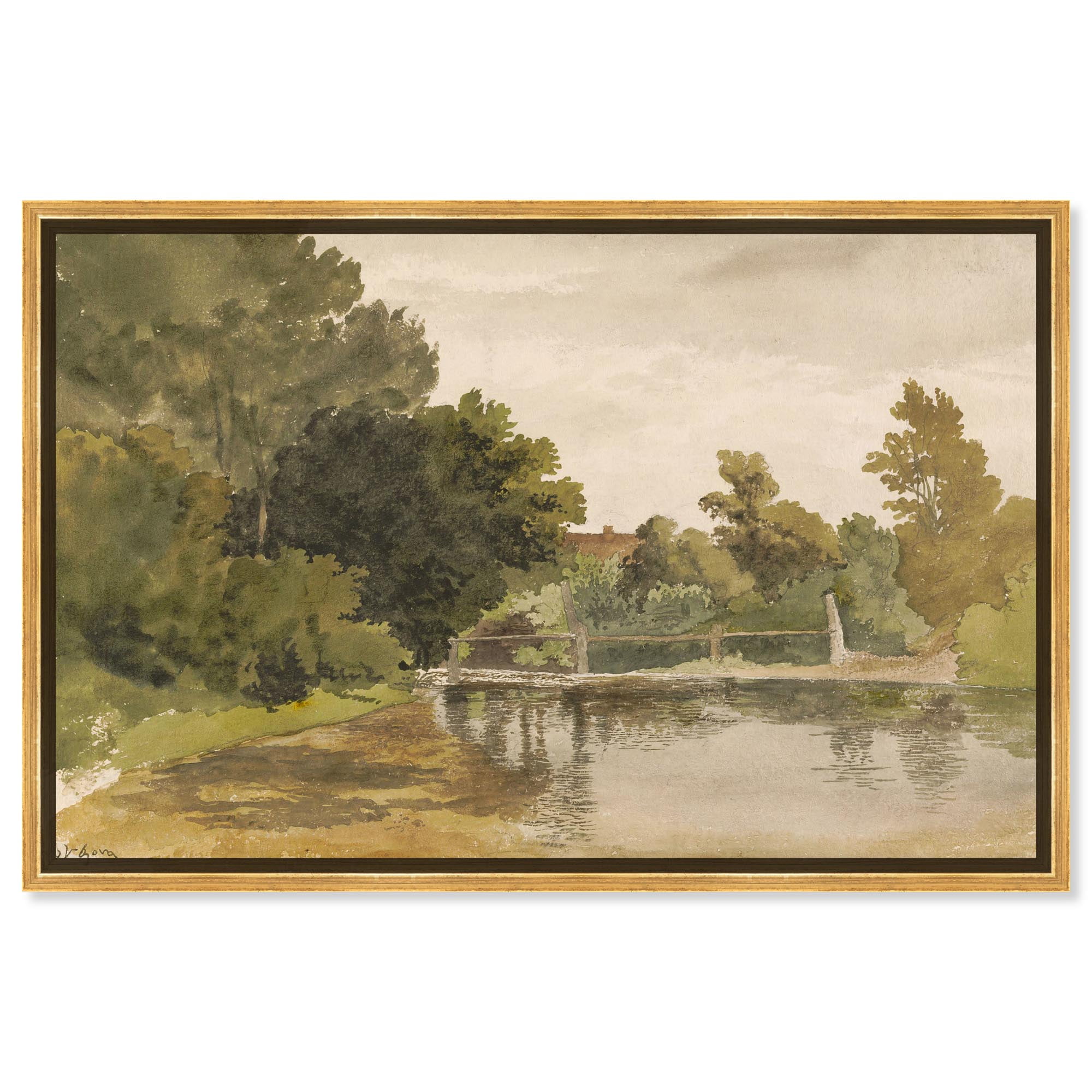 Rustic Green and Gold Framed Canvas Print, 15" x 10"